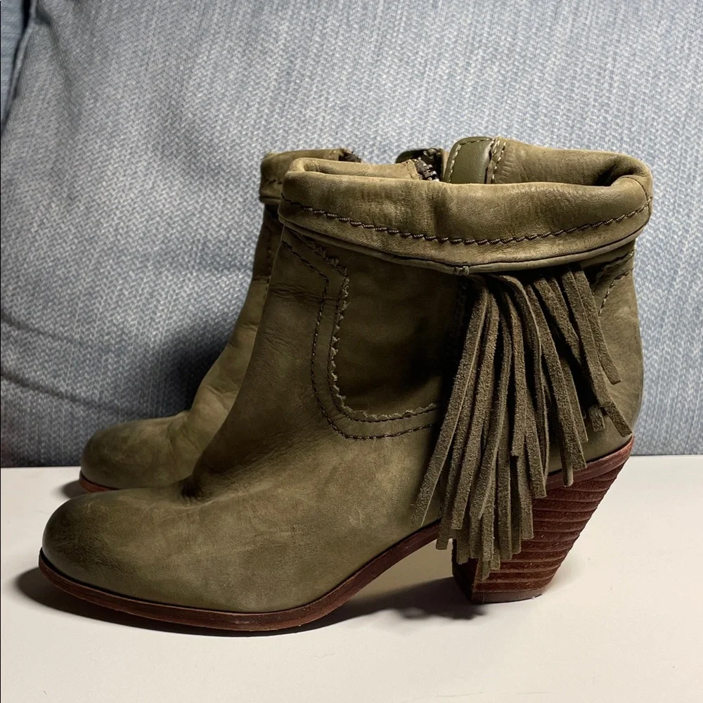 Sam Edelman Olive Green Ankle Boots leather heeled with Fringe size 6.5